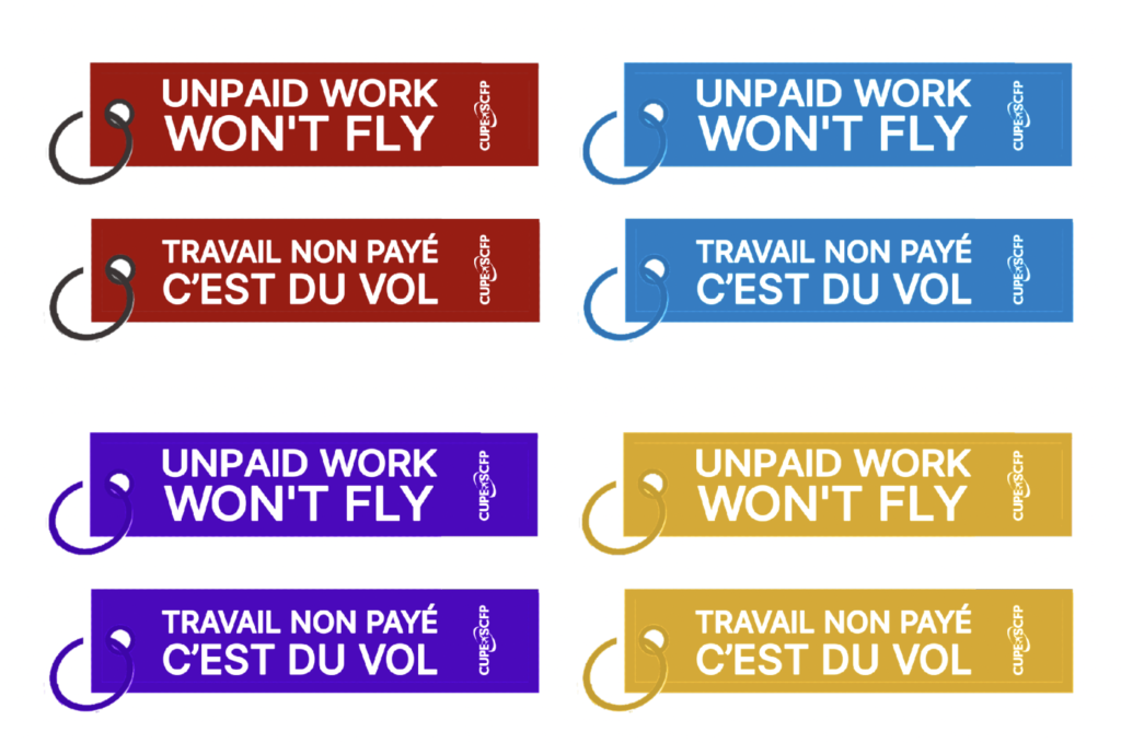 Unpaid work won't fly luggage tags in red, blue, purple and yellow